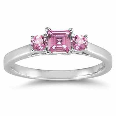 Three Stone Pink Topaz Ring, 14K White Gold -  - SPR7808PZ