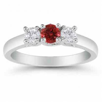 Three Stone Ruby and Diamond Ring, 14K White Gold -  - AOGRG-608RBDW