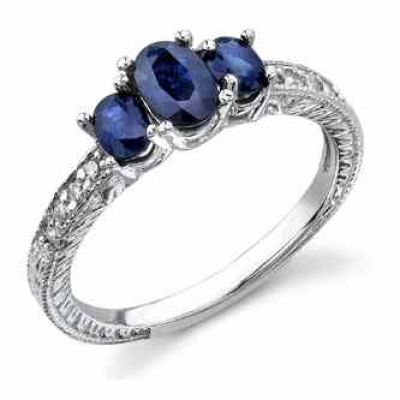Three Stone Sapphire Engraved Ring, 14K White Gold -  - QG-Y4414S