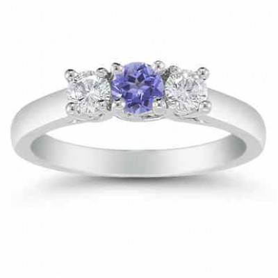Three Stone Tanzanite and Diamond Ring, 14K White Gold -  - AOGRG-608TZDW