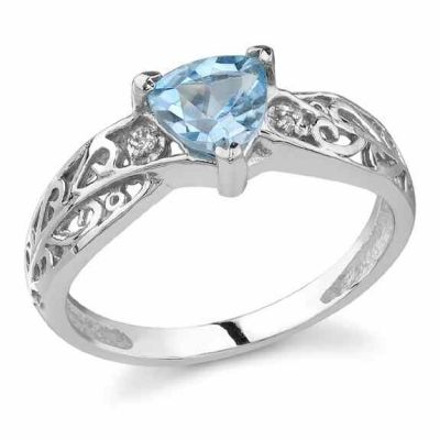 Trillion-Cut Blue Topaz and Diamond Ring, 14K White Gold -  - GBTR-6