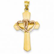 Two Hearts Cross Pendant, 14K Rose and Yellow Gold