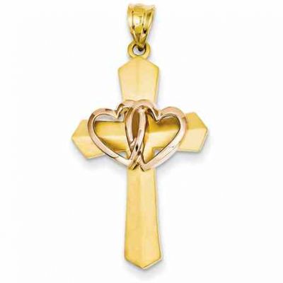 Two Hearts Cross Pendant, 14K Rose and Yellow Gold -  - QGCR-D821