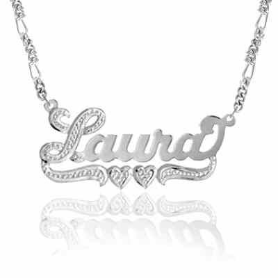 Two-Hearts Name Pendant with Figaro Link Necklace in Sterling Silver -  - JAPD-NP90556-SS