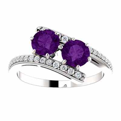 Two Stone Amethyst Ring with Diamond Accent in 14K White Gold - - STLRG-122927AMDW Two Stone Amethyst Ring with Diamond Accent in 14K White Gold - - STLRG-122927AMDW