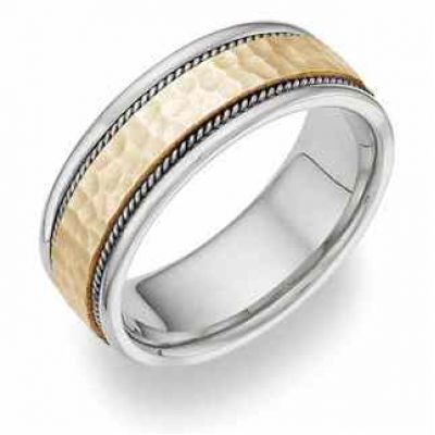 Two-Tone Brushed Hammered Wedding Band Ring in 14K Gold -  - 134-14-WY