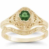 Victorian Antique Emerald Wedding Engagement Ring Set 14K Yellow Gold