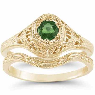Victorian Antique Emerald Wedding Engagement Ring Set 14K Yellow Gold -  - HGO-R128EMWB21Y