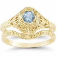 Victorian Aquamarine Wedding Ring Engagement Ring Set 14K Yellow Gold