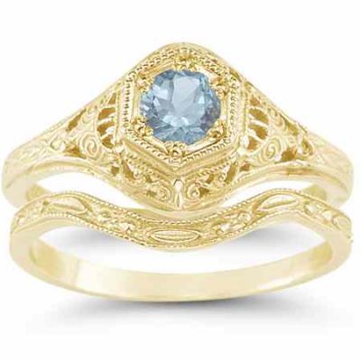 Victorian Aquamarine Wedding Ring Engagement Ring Set 14K Yellow Gold -  - HGO-R128AQWB21Y
