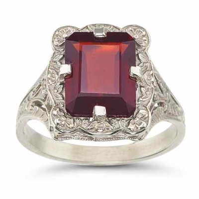 Victorian Emerald-Cut Garnet Ring in .925 Sterling Silver -  - HGO-E32GTSS