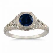 Victorian-Era Style Filigree Sapphire Ring in 14K White Gold