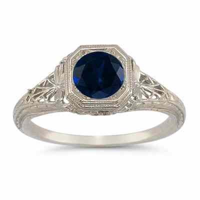 Victorian-Era Style Filigree Sapphire Ring in 14K White Gold -  - HGO-R93SP