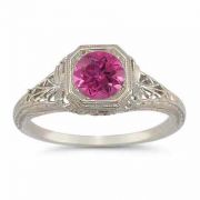 Victorian-Era Style Pink Topaz Filigree Ring in 14K White Gold