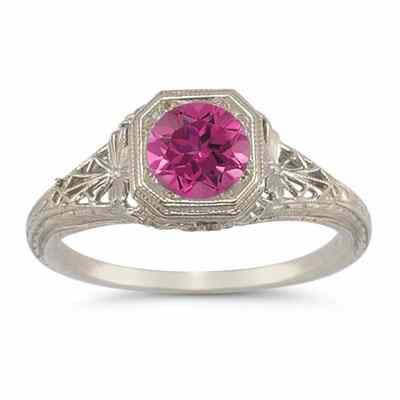 Victorian-Era Style Pink Topaz Filigree Ring in 14K White Gold -  - HGO-R93PT