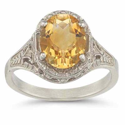 Victorian Floral Oval Citrine Ring in 14K White Gold -  - HGO-OV38CTW
