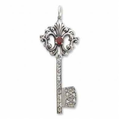 Victorian Key Pendant in Sterling Silver with Garnet Accent -  - HGO-K006SS