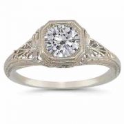 Victorian-Period Style Filigree Moissanite Ring in 14K White Gold