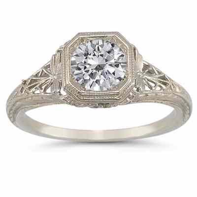 Victorian-Style Latticed Filigree White Topaz Ring in 14K White Gold -  - HGO-R93WT