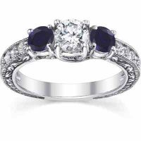 Victorian Sapphire/Diamond 3 Stone Engagement Ring 14K White Gold