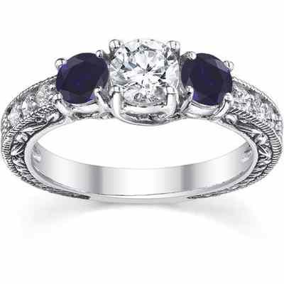 Victorian Sapphire/Diamond 3 Stone Engagement Ring 14K White Gold -  - QDR-6-SPD