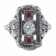 Three Stone Victorian-Era Style Ruby and Diamond Ring, 14K White Gold