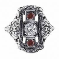 Three Stone Victorian-Era Style Ruby and Diamond Ring, 14K White Gold