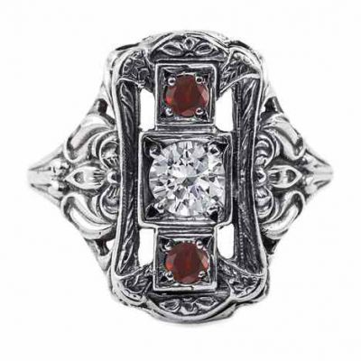 Victorian Style Ruby/Diamond 3 Stone Vintage Ring Sterling Silver -  - HGO-R99-DRU-SS
