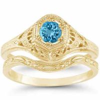 Victorian Swiss Blue Topaz Wedding Engagement Ring Set 14K Yellow Gold