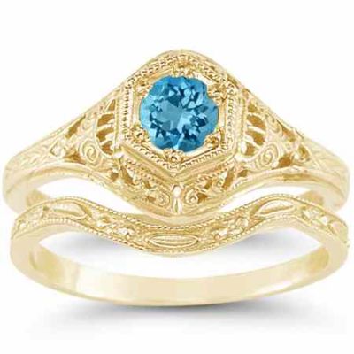 Victorian Swiss Blue Topaz Wedding Engagement Ring Set 14K Yellow Gold -  - HGO-R128BTWB21Y