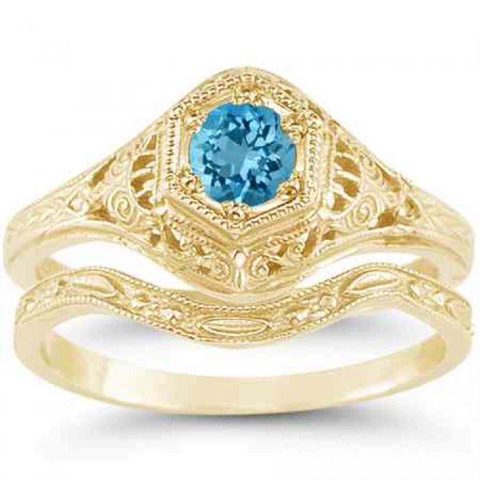 Vintage Unique Sterling Silver Swiss Blue Topaz Engagement Wedding Filgree Ring