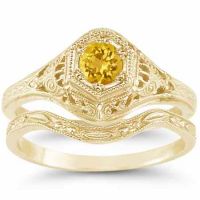 Victorian Yellow Citrine Wedding/Engagement Ring Set, 14K Yellow Gold