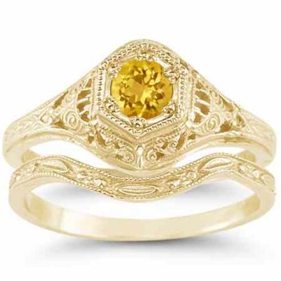 Victorian Yellow Citrine Wedding/Engagement Ring Set, 14K Yellow Gold -  - HGO-R128CTWB21Y