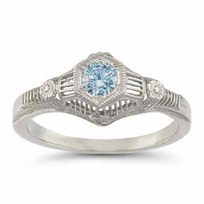 Vintage Floral Aquamarine Ring in 14K White Gold - - HGO-R125AQW Vintage Floral Aquamarine Ring in 14K White Gold - - HGO-R125AQW