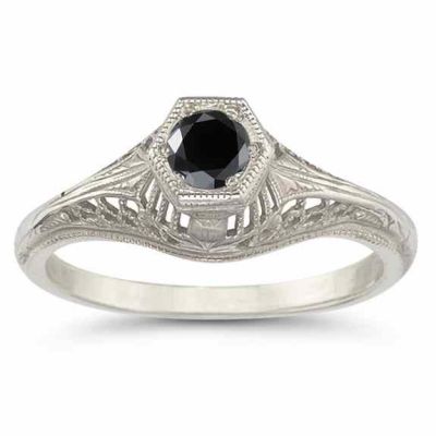 Vintage Art Deco Black Diamond Ring in .925 Sterling Silver -  - HGO-R123BLKSS