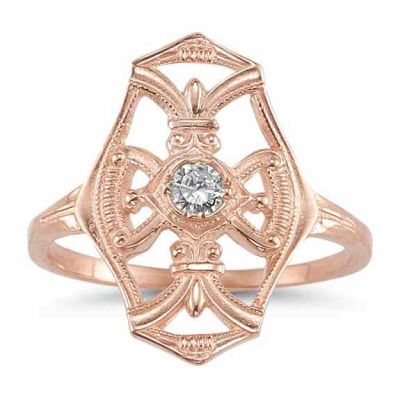 Vintage Diamond Cross Fleur-de-Lis Ring, 14K Rose Gold -  - HGO-R120R