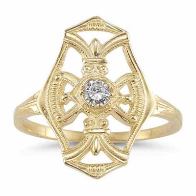 Vintage Diamond Cross Fleur-De-Lis Ring, 14K Yellow Gold -  - HGO-R120Y