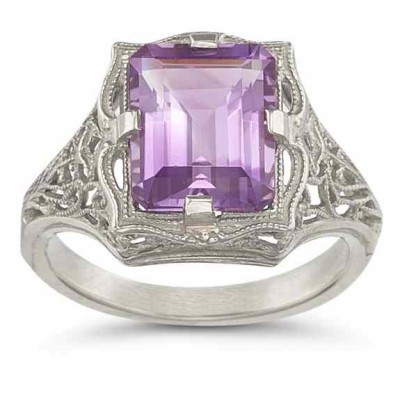Vintage Emerald-Cut Amethyst Ring in 14K White Gold - - HGO-E5AMW Vintage Emerald-Cut Amethyst Ring in 14K White Gold - - HGO-E5AMW