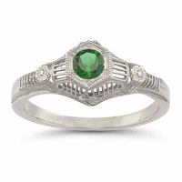 Vintage Floral Emerald Ring in 14K White Gold