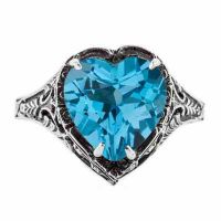 Vintage Filigree Blue Topaz Heart Ring in 14K White Gold