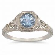 Vintage Filigree Sky Blue Topaz Ring in 14K White Gold