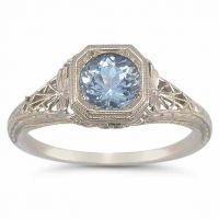 Vintage Filigree Sky Blue Topaz Ring in 14K White Gold