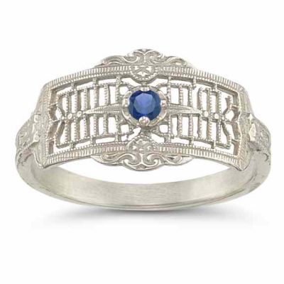 Vintage Filigree Sapphire Ring in 14K White Gold -  - HGO-R121SPW
