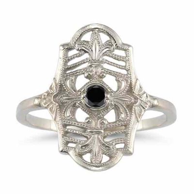 Vintage Fleur-De-Lis Black Diamond Ring in 14K White Gold -  - HGO-CB13BDW