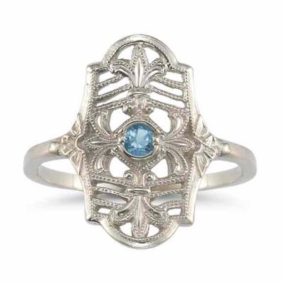 Vintage Fleur-de-Lis Blue Topaz Ring in 14K White Gold -  - HGO-CB13BTW