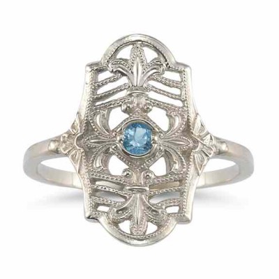 Vintage Fleur-de-Lis Blue Topaz Ring in 14K White Gold - - HGO-CB13BTW Vintage Fleur-de-Lis Blue Topaz Ring in 14K White Gold - - HGO-CB13BTW
