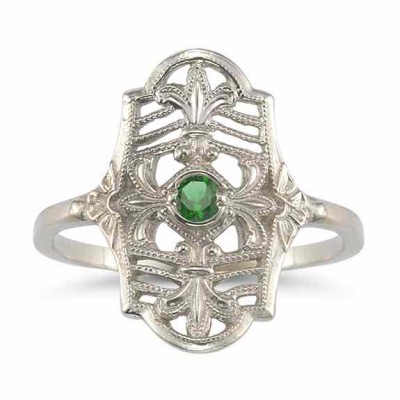 Vintage Fleur-de-Lis Emerald Ring in .925 Sterling Silver - - HGO-CB13EMSS Vintage Fleur-de-Lis Emerald Ring in .925 Sterling Silver - - HGO-CB13EMSS