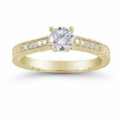 Vintage Floral 0.33 Carat Diamond Engagement Ring, 14K Yellow Gold -  - US-ENR642Y