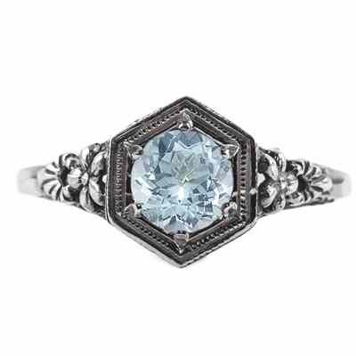 Vintage Floral Design Aquamarine Ring in Sterling Silver -  - HGO-R079AQSS