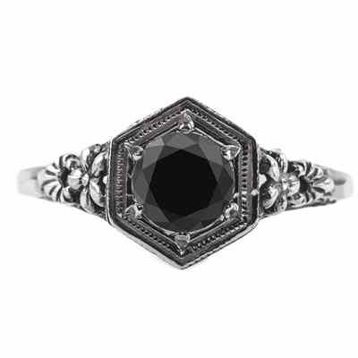 Vintage Floral Design Black Diamond Ring in 14k White Gold -  - HGO-R079BLKW